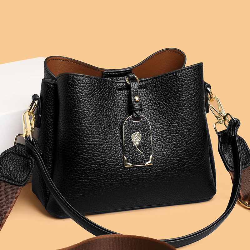 

New Luxury Casual Shoulder Bag Women‘s PU Leather Crossbody Purse Large Capacity Small Bucket Tote Fashion Solid Color Handbag