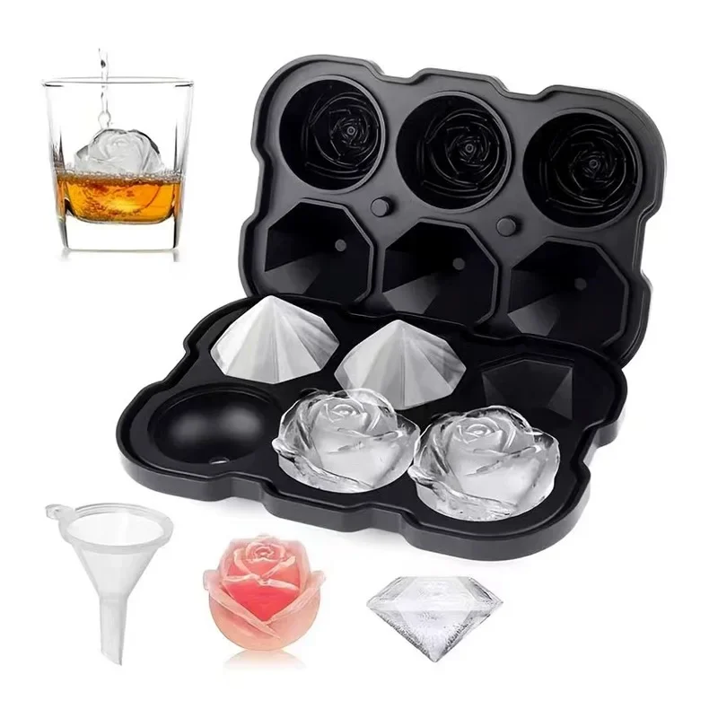 Rose Diamond Shape Ice Cube Mold Whisky Wine Cool Down Ice Maker Reusable Ice Cubes Tray Mold for Freezer with Lid