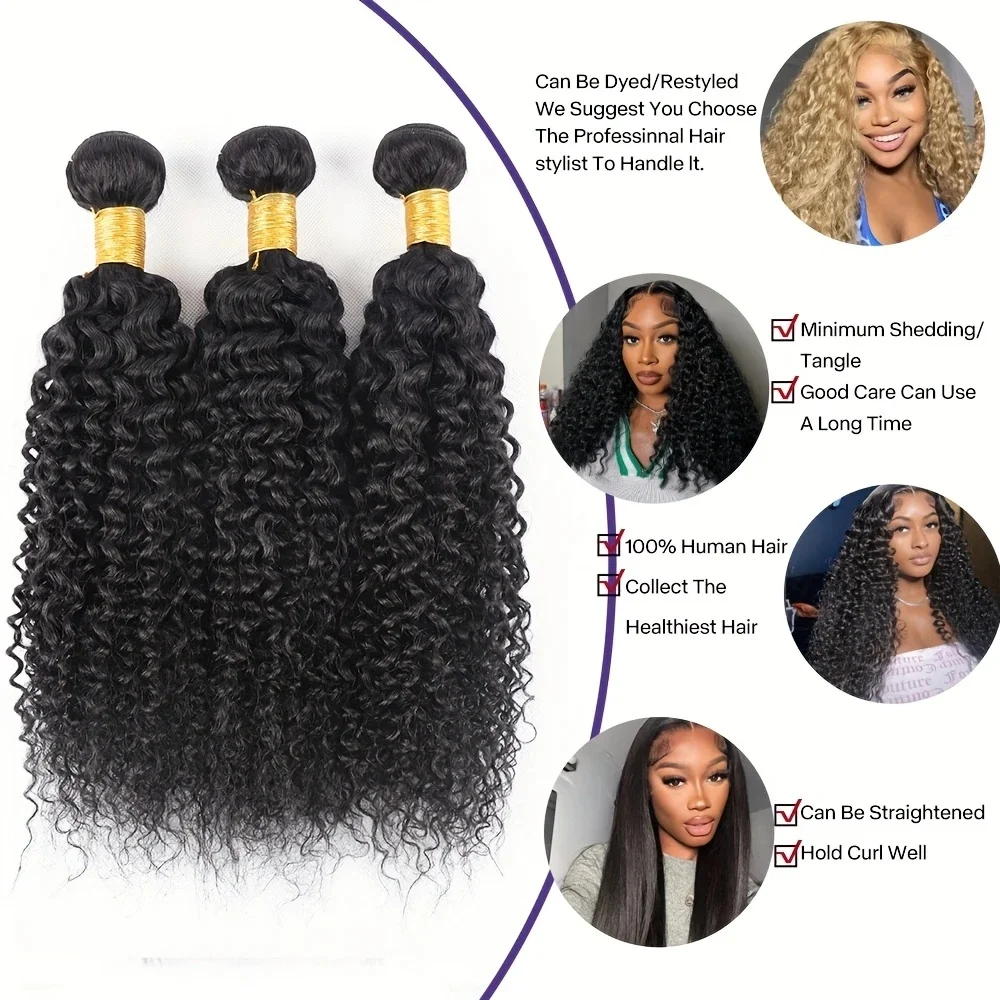 Вьющиеся волнистые пучки человеческих волос 22, 24, 26 и 20 дюймов, 3 пучка с кружевной застежкой 4x4, 100% необработанные волосы, двойной уток, натуральный черный