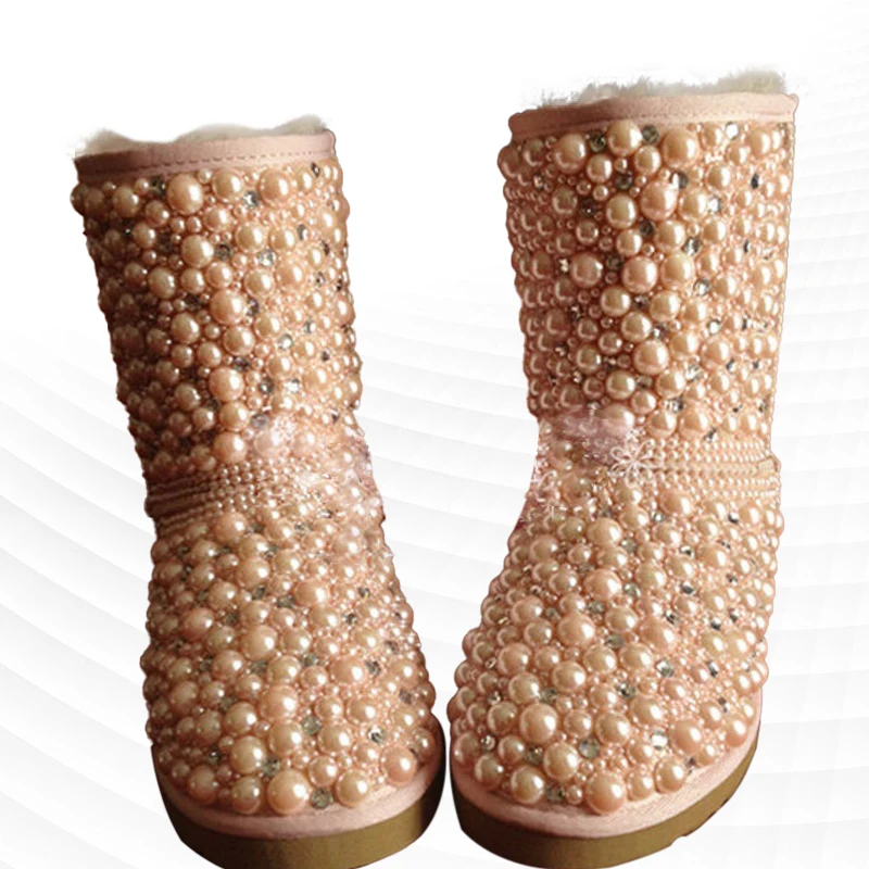 Pink mid-tube pearl rhindiamonds banquet party fur one snow boots Handmade large size thick women's cotton shoes 35-44