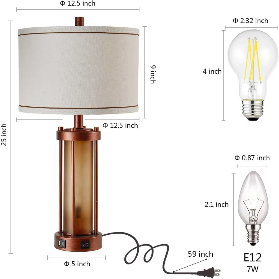 Ensemble de 2 lampes de Table de ferme pour salon, lampes de chevet rustiques avec 2 Ports de chargement USB, lampe de chevet pour chambre à coucher avec Ambe