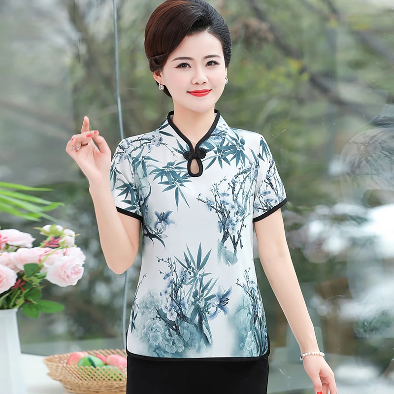 Retro Chinese Women Blouse Traditional Vintage Oblique Shirt Summer Satin Oriental Woman Tops Mandarin Collar Cheongsam