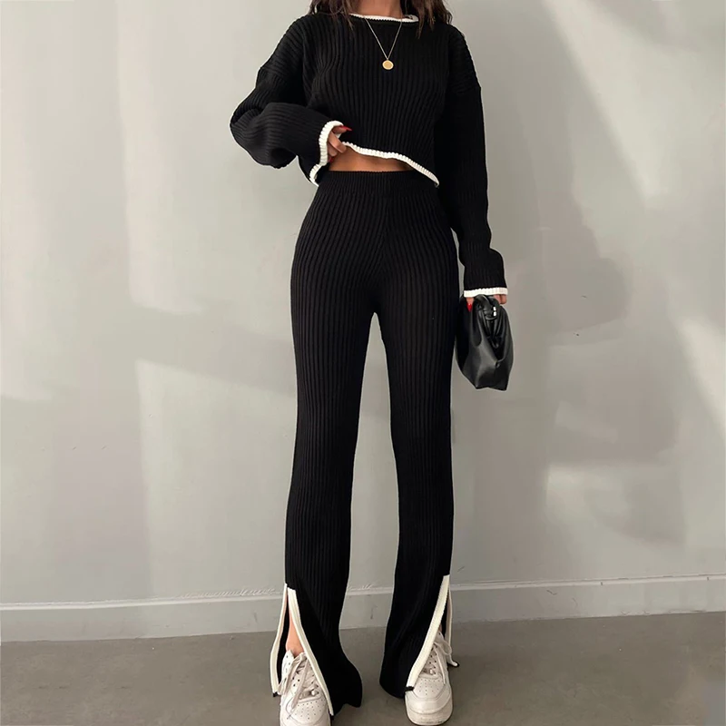 Women Spring Versatile Wide Leg Pants Long Sleeve O-neck Patchwork Thin Sweater Set Loose Elastic Band Sports Design Set Summer