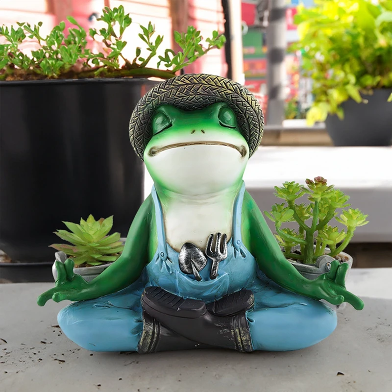 Resin Animal Plant Pots Meditation Frog with 2 Flower Pots Funny Succulent Planter for Home Garden Office Decoration