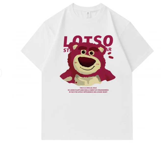 

MINISO Lotso Strawberry Bear Print T-shirt Short-Sleeve Round Neck Men Women Couple Tees Cute and fashionable Clothing Tops