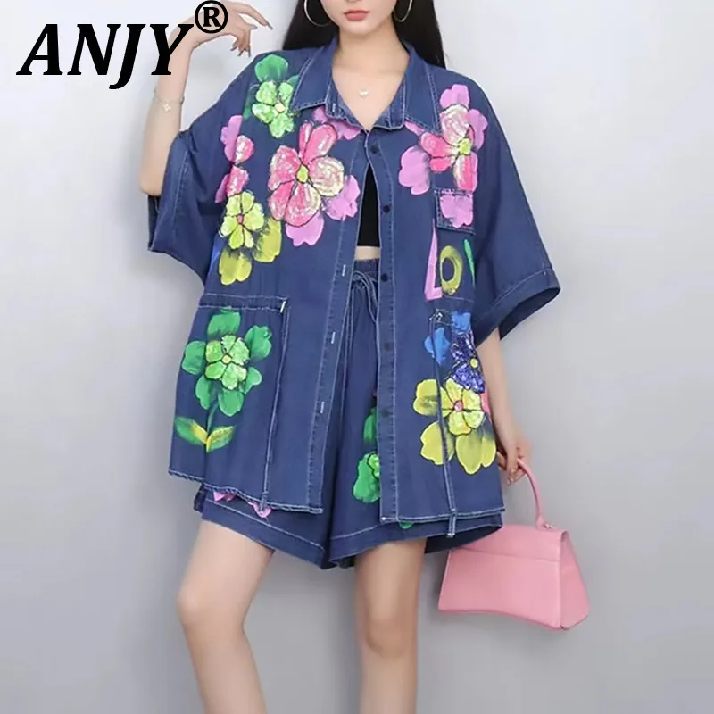 

ANJY Summer New Women Chic Denim Two-piece Set Turn-down Collar Short Sleeved Pocket Printed Tops Casual Drawstring Shorts A8787