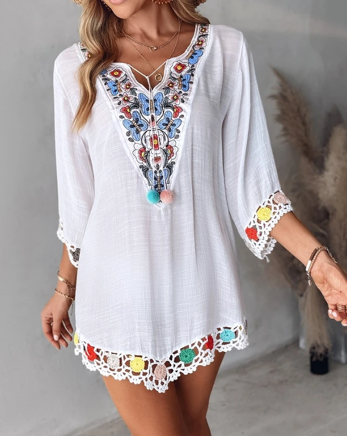 

Women's Dress 2024 Summer Casual Butterfly Floral Embroidery Hollow Out Pom Pom Tied Detail Three Quarters Sleeve Straight Dress