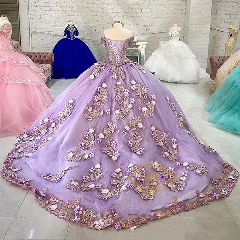 Lilac Mexican Quinceanera Dresses Ball Gown Off The Shoulder Appliques Puffy Sweet 16 Dresses 15 Anos Customized