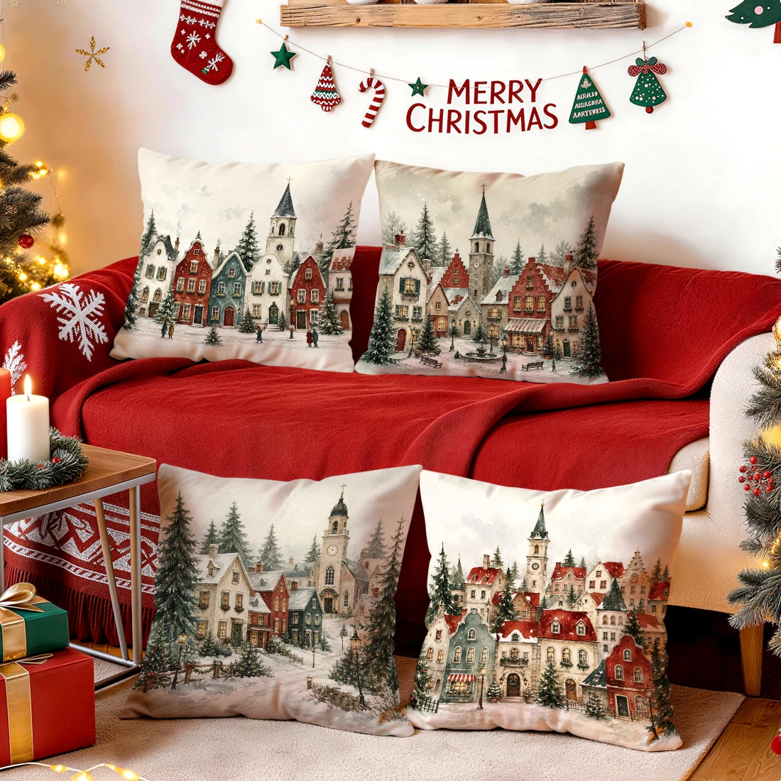 1/4pcs Winter Snow Town Scenic Cushions Pillowcase Polyester Cushion Cover Throw Pillow Pillowcover Home Car Sofa Decor