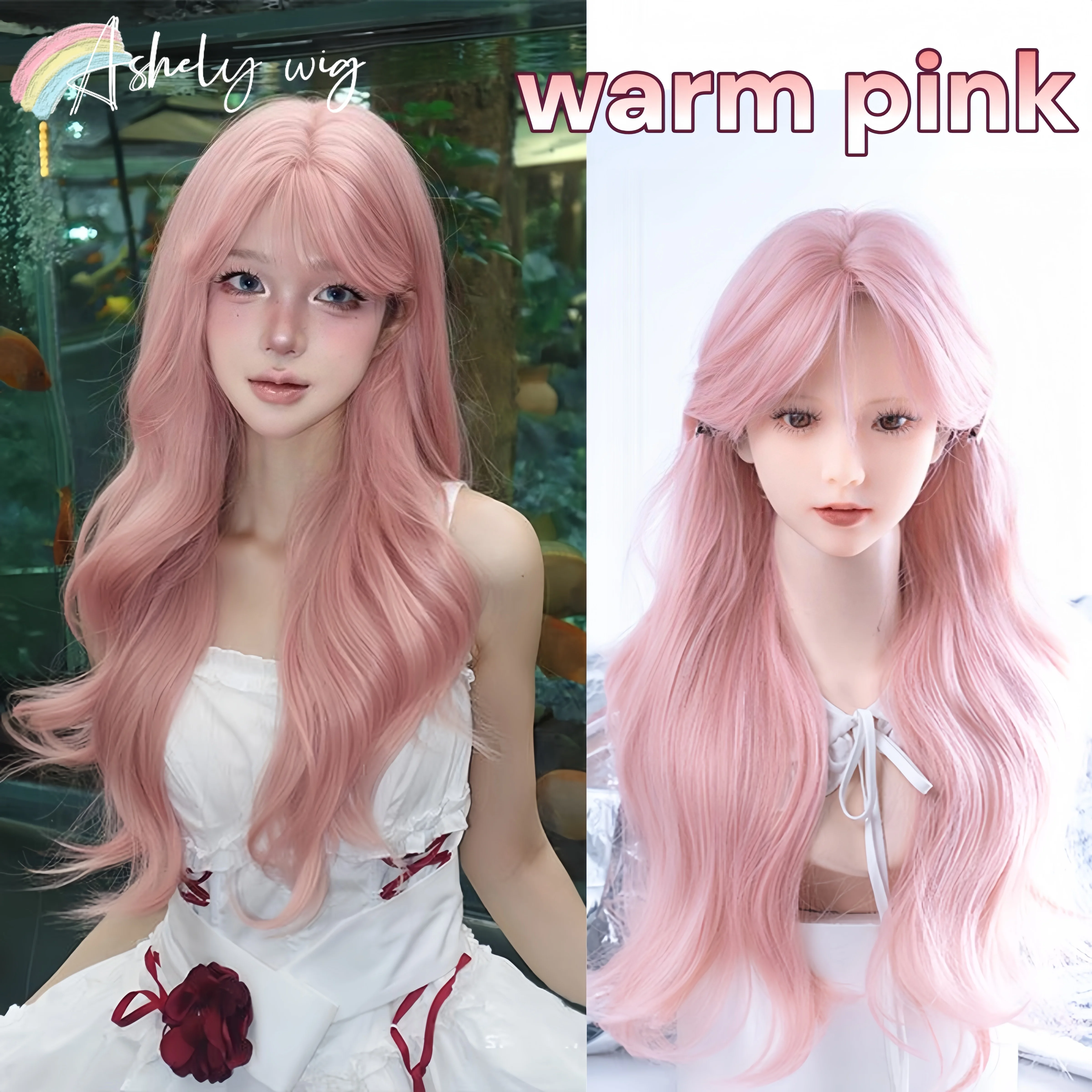 

Sweet Warm Pink Wig Pastel 24inch Long Wavy Hair Wigs with Bangs High Temperature Fibers Synthetic Wigs for Women Cosplay Daily