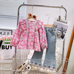 Children's Clothing Sets Pink Floral Print Baby Shirt + Cherry Jeans 2pcs Kids Clothes Girls 3 To 7 Years Outfit Sets