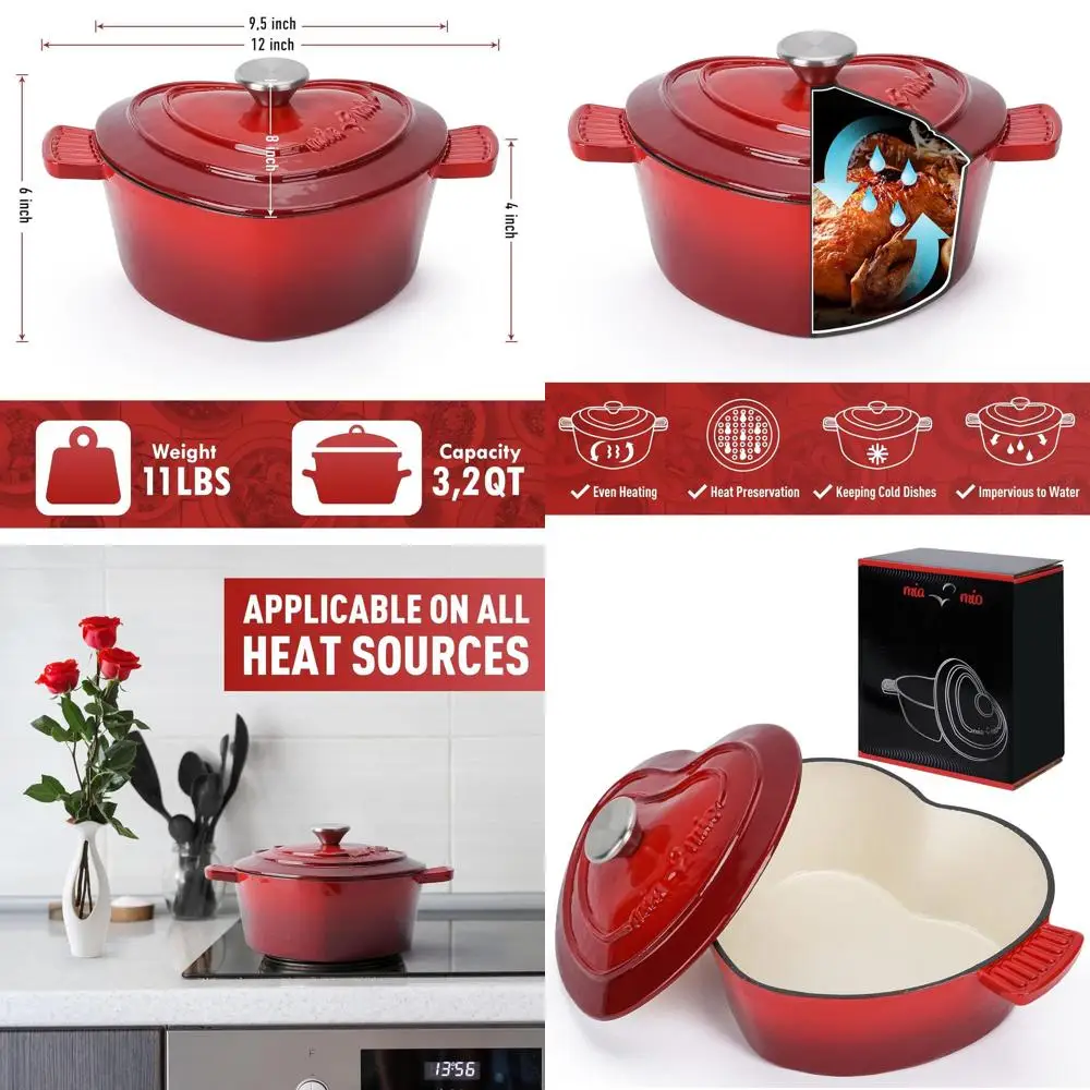 

Non-Stick Heart-Shaped 3.2 Quart Dutch Oven, Suitable for All Heat Types and Ovens, Perfect Christmas Gift