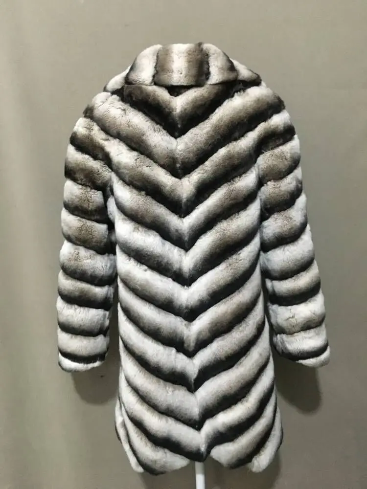 เสื้อโค้ทขนกระต่ายเร็กซ์ธรรมชาติ ยาว สีชินชิลล่า ลายทาง ขนหรูหรา อุ่นสบาย เสื้อคลุมกันหนาว มีสินค้าลดราคา 1907011