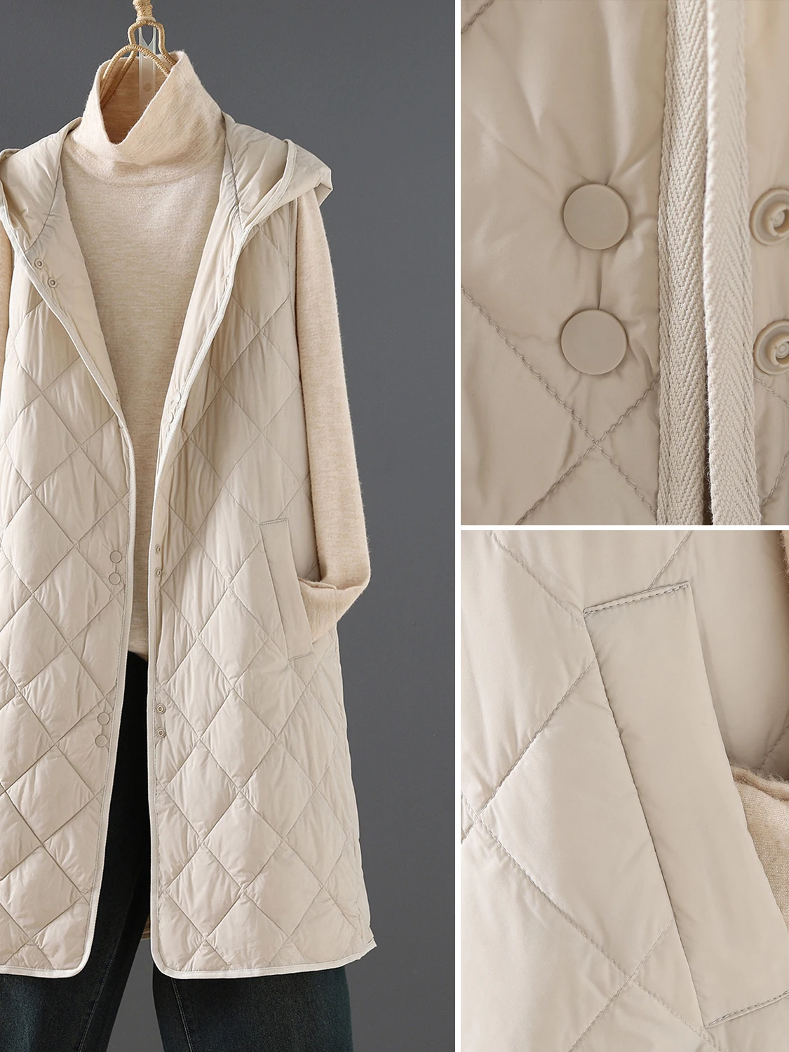 เสื้อกั๊กผ้าฝ้ายน้ำหนักเบาสำหรับฤดูใบไม้ร่วงและฤดูหนาว  แบบมีฮู้ด ความยาวปานกลาง สำหรับผู้หญิง  ใส่เป็นเสื้อตัวในหรือเสื้อตัวนอก  แบบสองชั้น