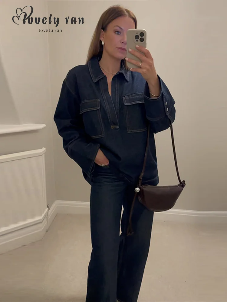 

Vintage Denim Top Pants Set Women's Solid Turn-down Collar Pockets Tops Loose Long Trousers 2025 New Spring Lady Streetwear