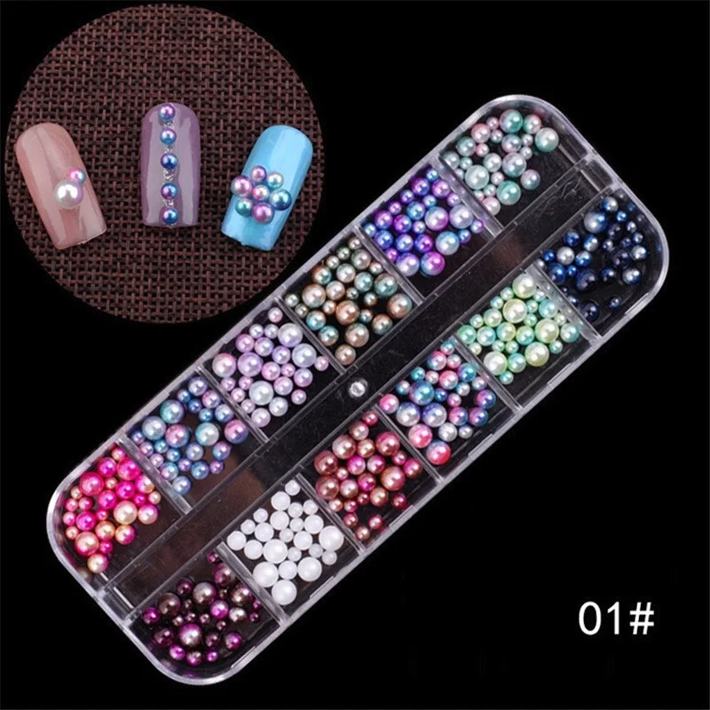 1 Box Multi Size Nail Rhinestones 3D Crystal AB Clear Nail Stones Gems Pearl DIY Nail Art Decorations Gold Rivet Rhinestone