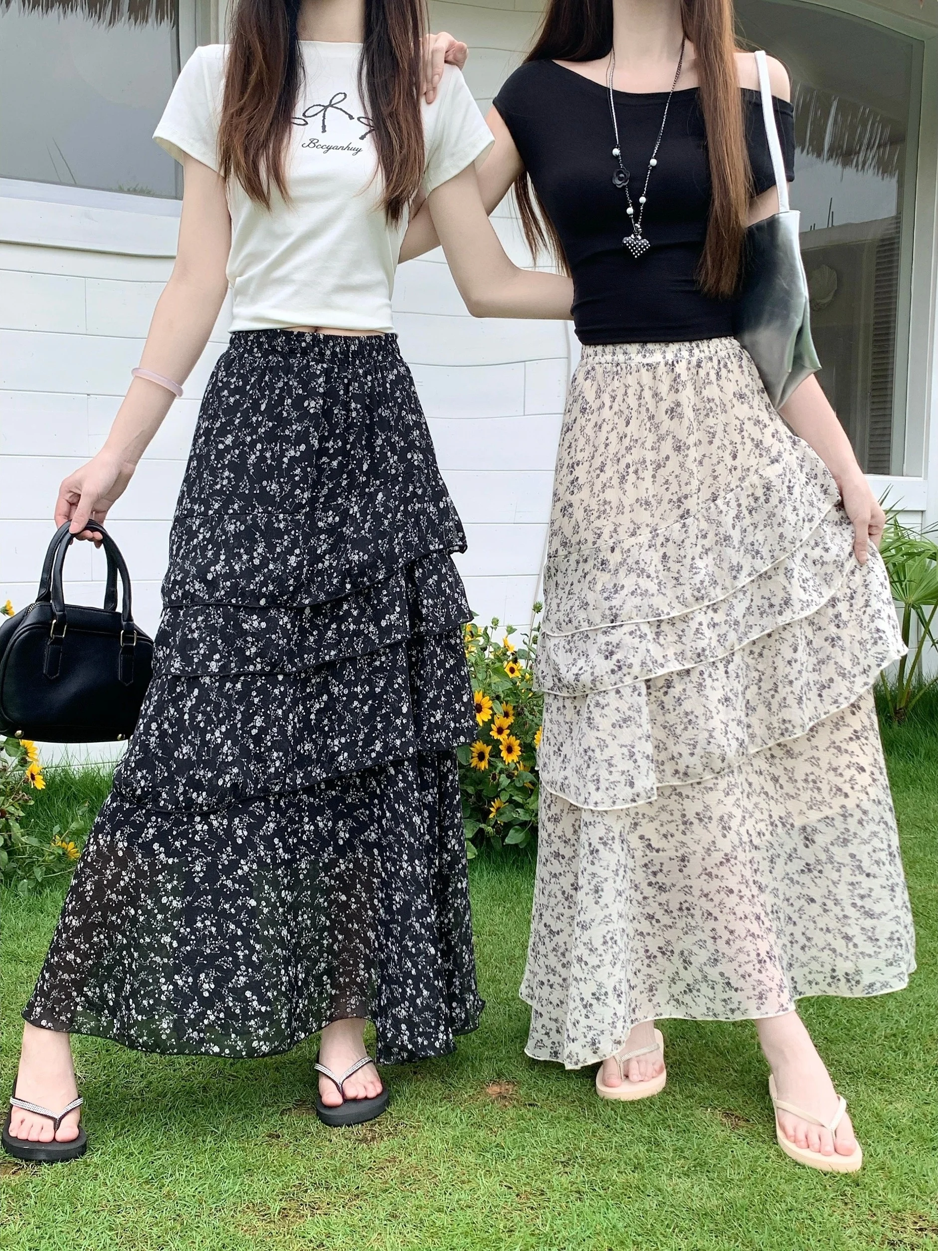 

plus Size High Waist Floral Print Loose Half Skirt for Plump Women Elastic Waist Cake Skirt Summer Casual Mid-Length Skirt