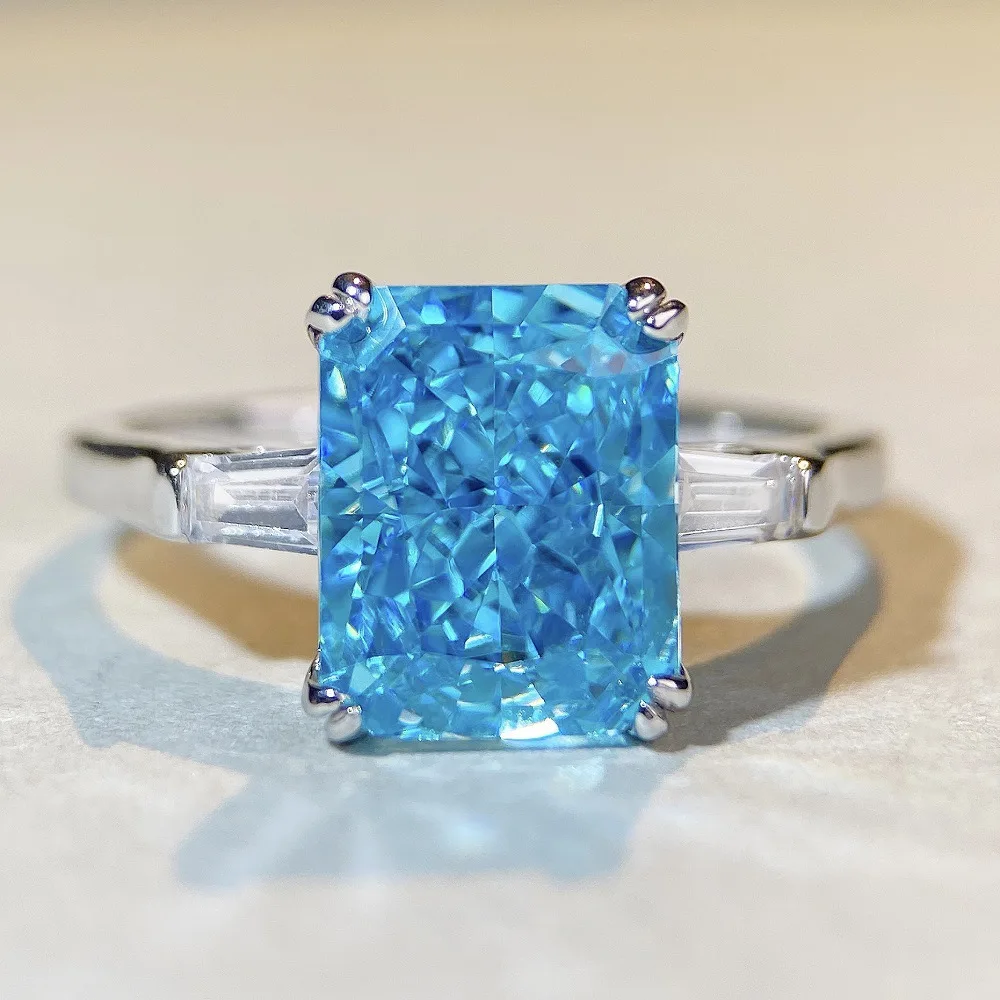 

S925 sterling silver ring light luxury high-end sea blue zircon ring women's silver ring