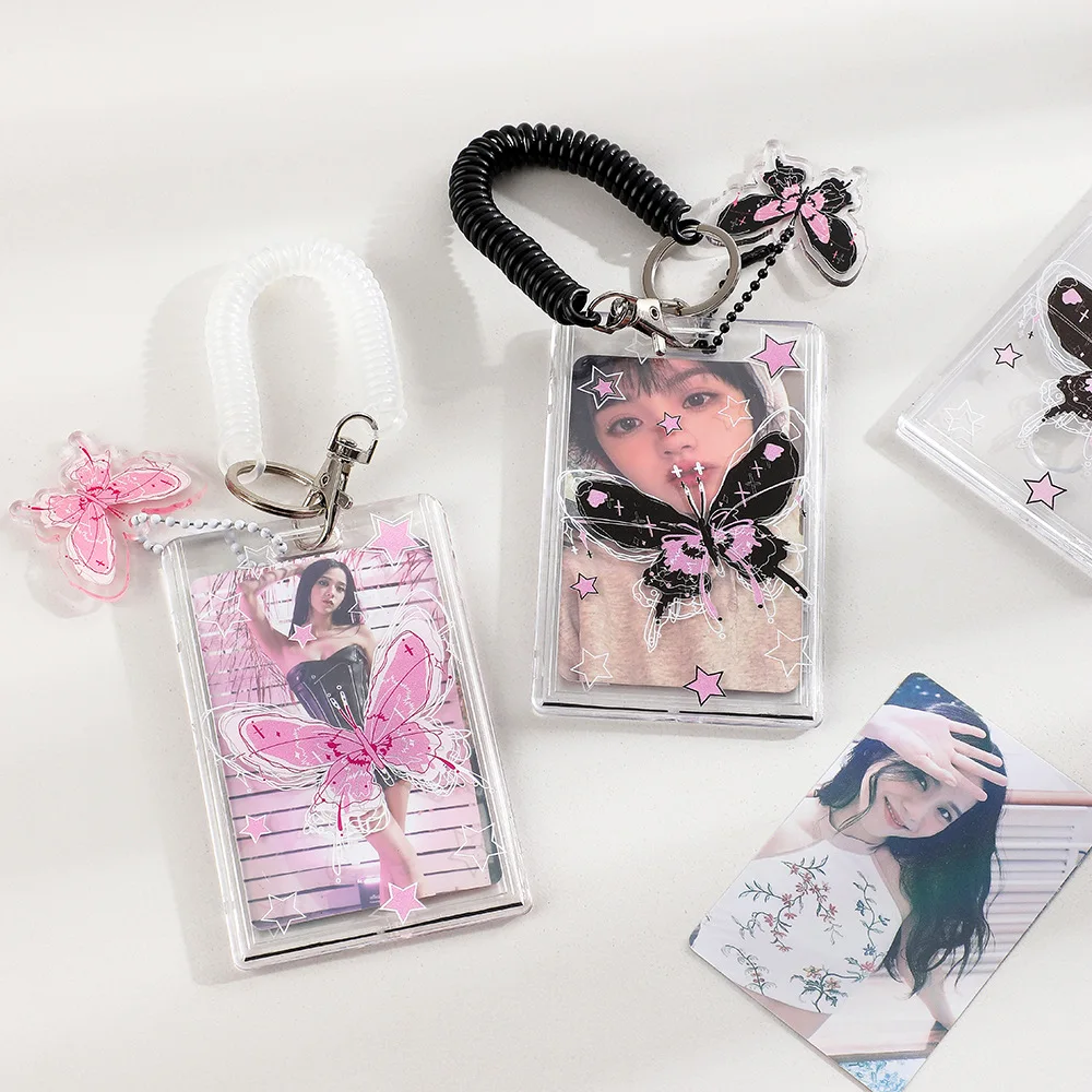 Korean Butterfly Transparent Card Holder Student Bus Cards Photo Sleeve Elastic Rope ID Credit Card Cover with Pendant