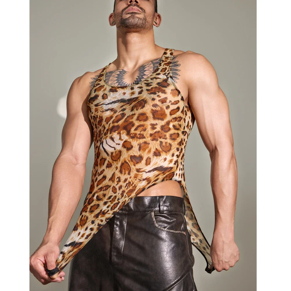 Fashion Leopard Print Men Bodysuit Nightclub Shaper Dance Wear High Cut Sleeveless Open Crotch Leotard Ultrathin Sheer Onesies