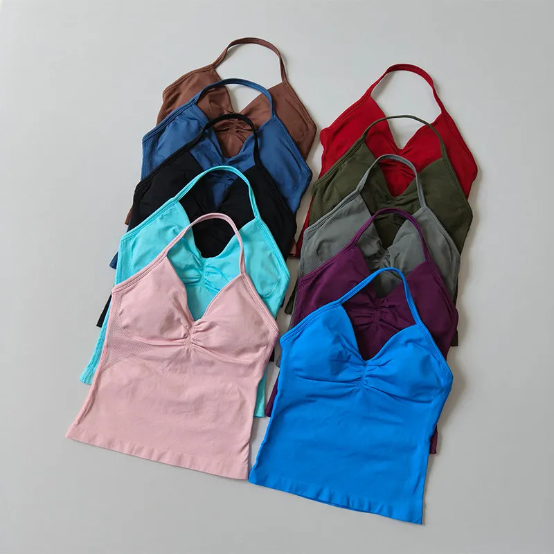 Langes, trägerloses, nahtloses Yoga-Tanktop mit gerafftem Rücken, ärmelloses Fitness-Workout-Shirt mit integriertem BH für Damen – Detail 23