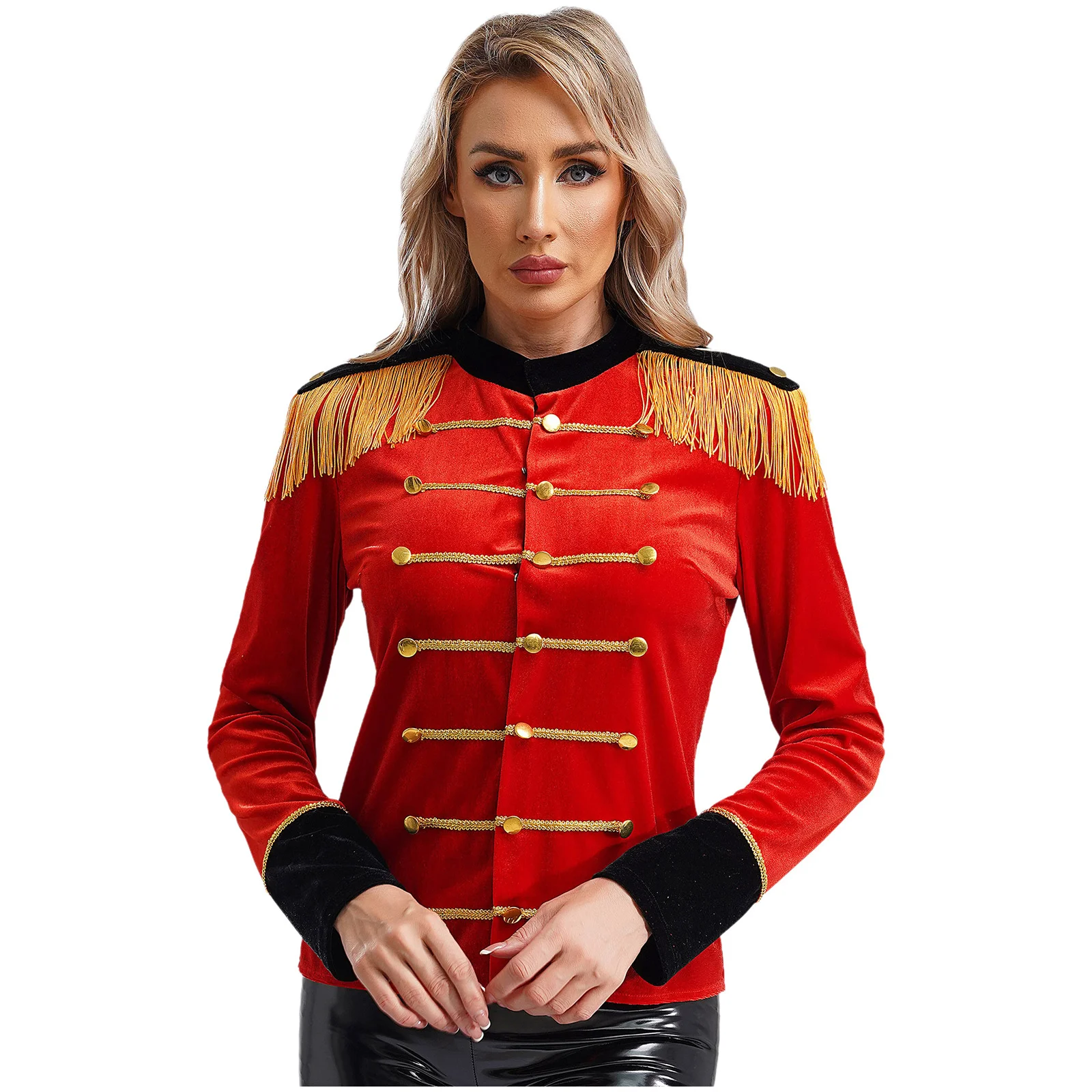 Women Halloween Circus Showman Costume Outerwear Ringmaster Role Play Long Sleeve Button Up Tassel Shoulder Boards Coat Jackets