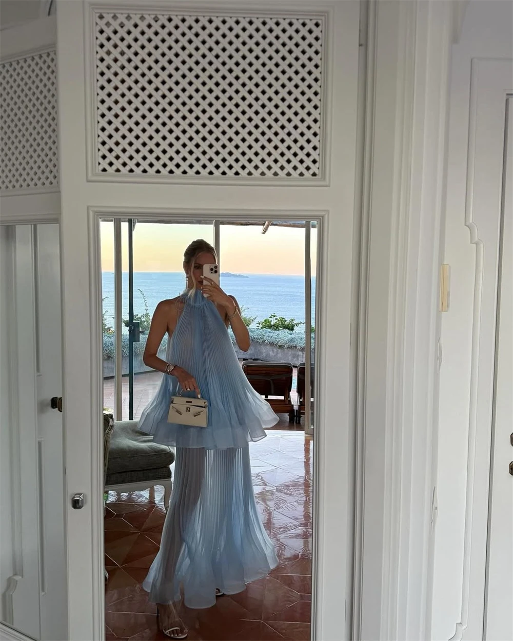 Mila Customized Mist Blue Multilayer Pleats Halter Neck Prom Dress Simple A-line Formal Evening Floor-length Vestidos De Fiesta