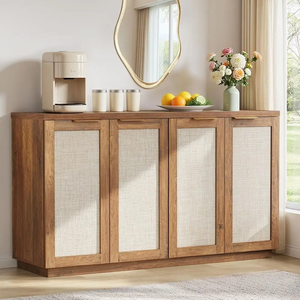 

Большой буфет-сервант 55 см с местом для хранения, 4 дверцами и регулируемыми полками, деревянный кофейный столик в стиле ротанг для кухни