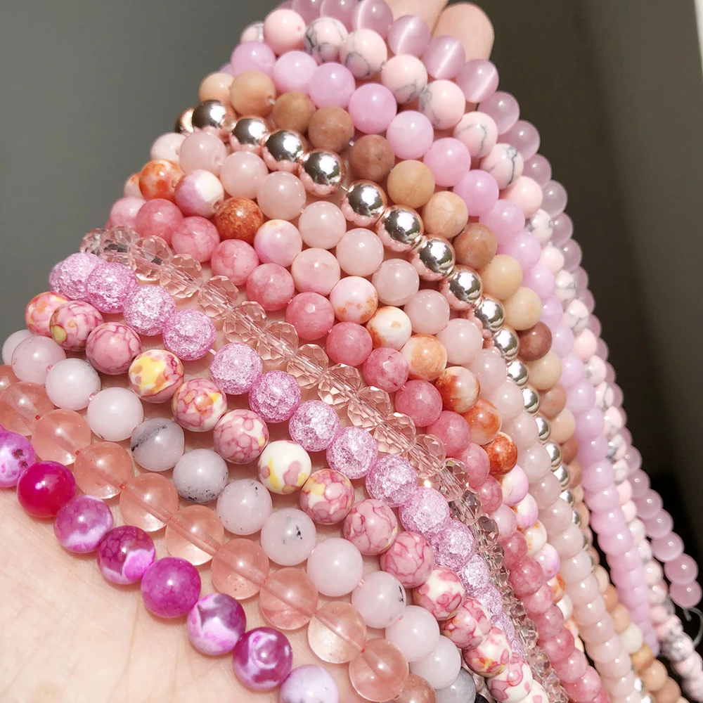 Natural Pink Stone Beads Agates Angelite Quartz Opal Aventurine Jades Howlite Pearl Round Beads For Jewelry Making Diy Bracelets