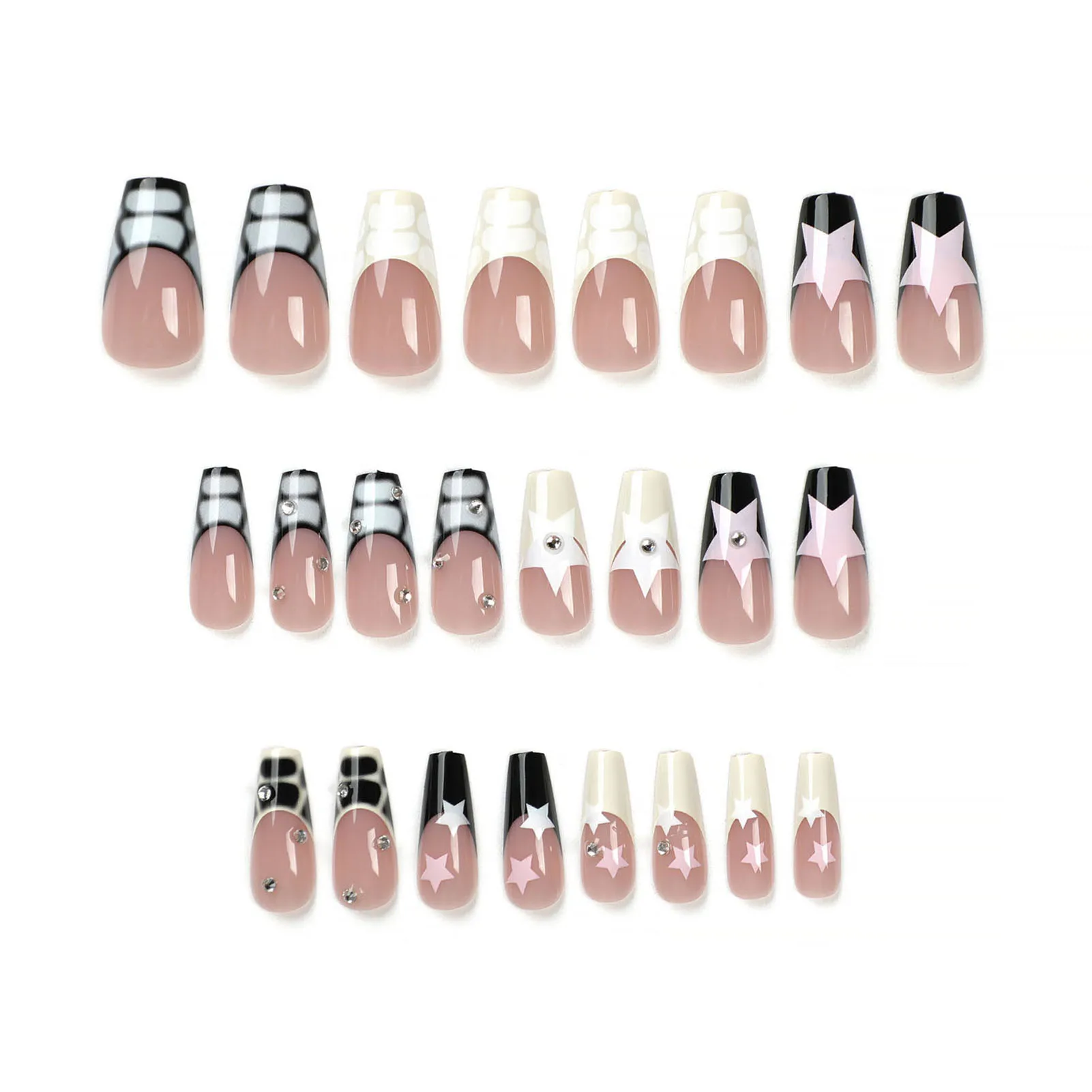 24pcs French False Nail with Star Pattern Resin Diamond Press On Nail Tips Artificial Glossy Nail Art Manicure