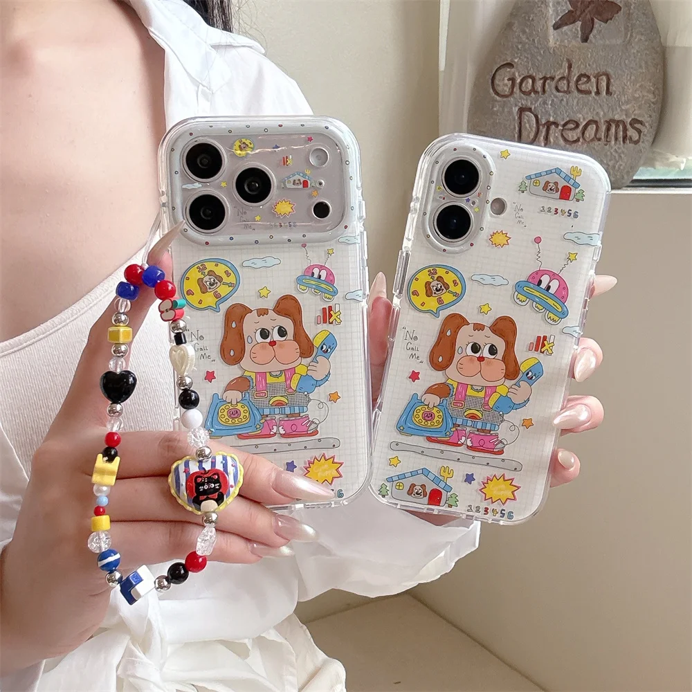 

Korean Cute Plaid Cartoon Puppy Phone case for iPhone 15 16 17 15 Pro 16 Pro 17 Pro Max Cover With Chain Cute Shockproof Cases