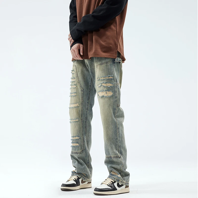 2024 men's new American high street ripped jeans men's summer straight leg slimming flared beggar pants men clothing