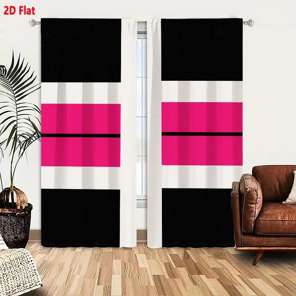 2Pcs Curtains 2D Flat Geometric Design With White Cross Dividing Black Background Sections And Magenta Blocks Symmetrical Bold C