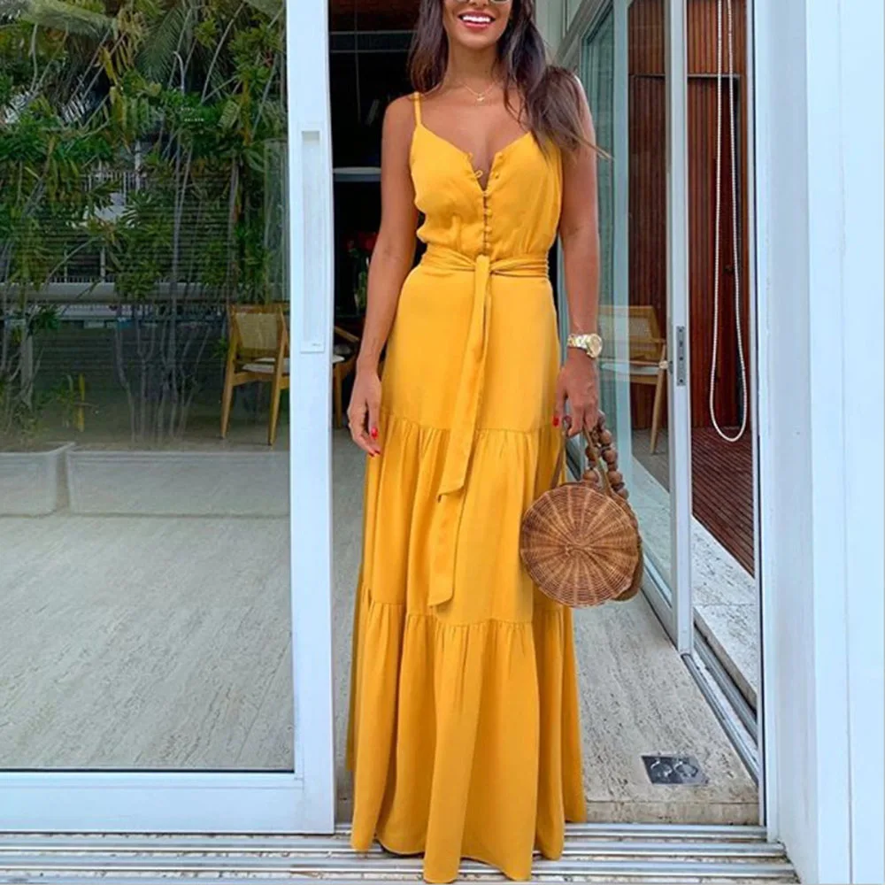 

Women Sexy Spaghetti Strap Maxi Dress Summer Fashion V-neck Buttons Sleeveless Belt Vacation Beach Party Dress Long Vestidos