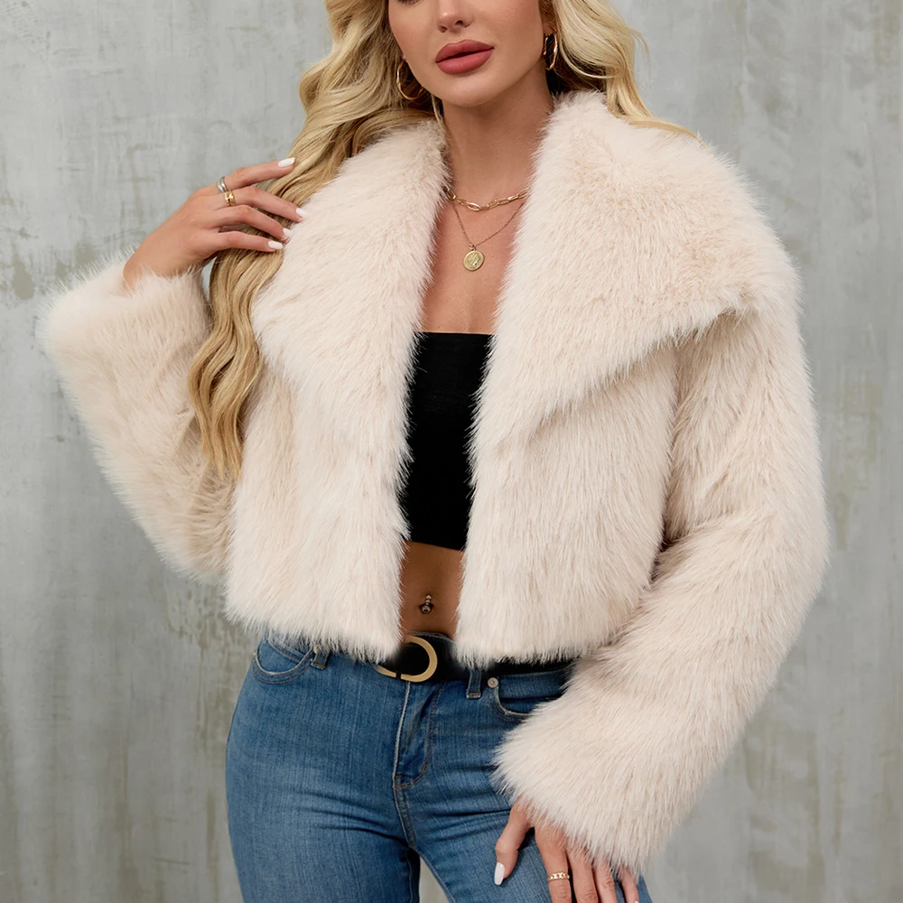 Modny damski krótki płaszcz ze sztucznego futra lisa, pluszowy płaszcz futrzany z długim rękawem, szeroki kołnierz, zimowe kurtki ze sztucznego futra.