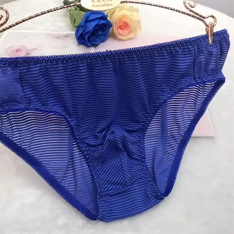 

Men Briefs Mid Waist Elastic Soft Silky Breathable U Bulge Striped See Through Solid Color Men Underpants BF Erotic Underwear