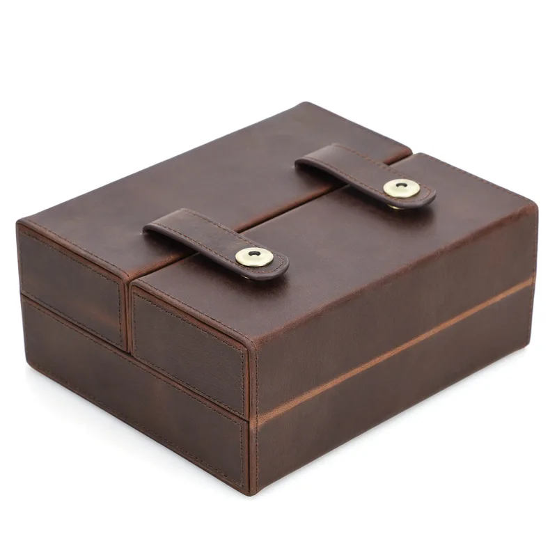 Vintage Crazy Horse Leather Clasp Cigar Storage Box with Flip Cover, Portable Genuine Leather Humidifying Cigar Case for Export - view 2