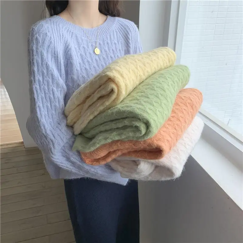 Women's Clothing Round Neck Knitted Jumpers Casual Loose Autumn Winter Colour Solid Color Korean All-match Long Sleeve Sweaters