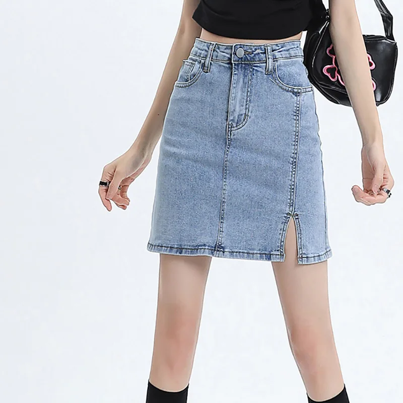 

Above Mini Skirt Denim Washed Women Solid High Waist Skirts Distressed Zipper Fly Spliced Basics Wrap Buttocks Pockets Slim