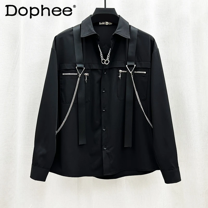 

2025 New High-End Japanese Fashion Trend Chain Long Sleeve Shirt Men Trendy Ins Functional Workwear Loose Turn-Down Collar Shirt