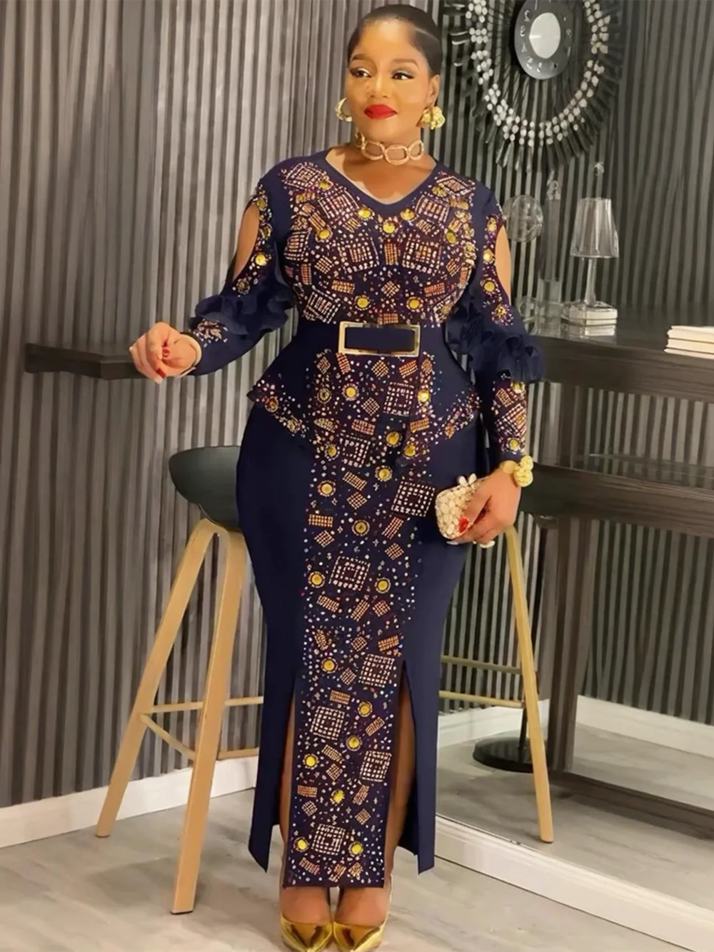 فساتين الحفلات الأفريقية مقاس كبير للنساء Dashiki Diamond Bodycon شق فستان طويل أنيق تركيا مسلم ثوب مسائي الزفاف