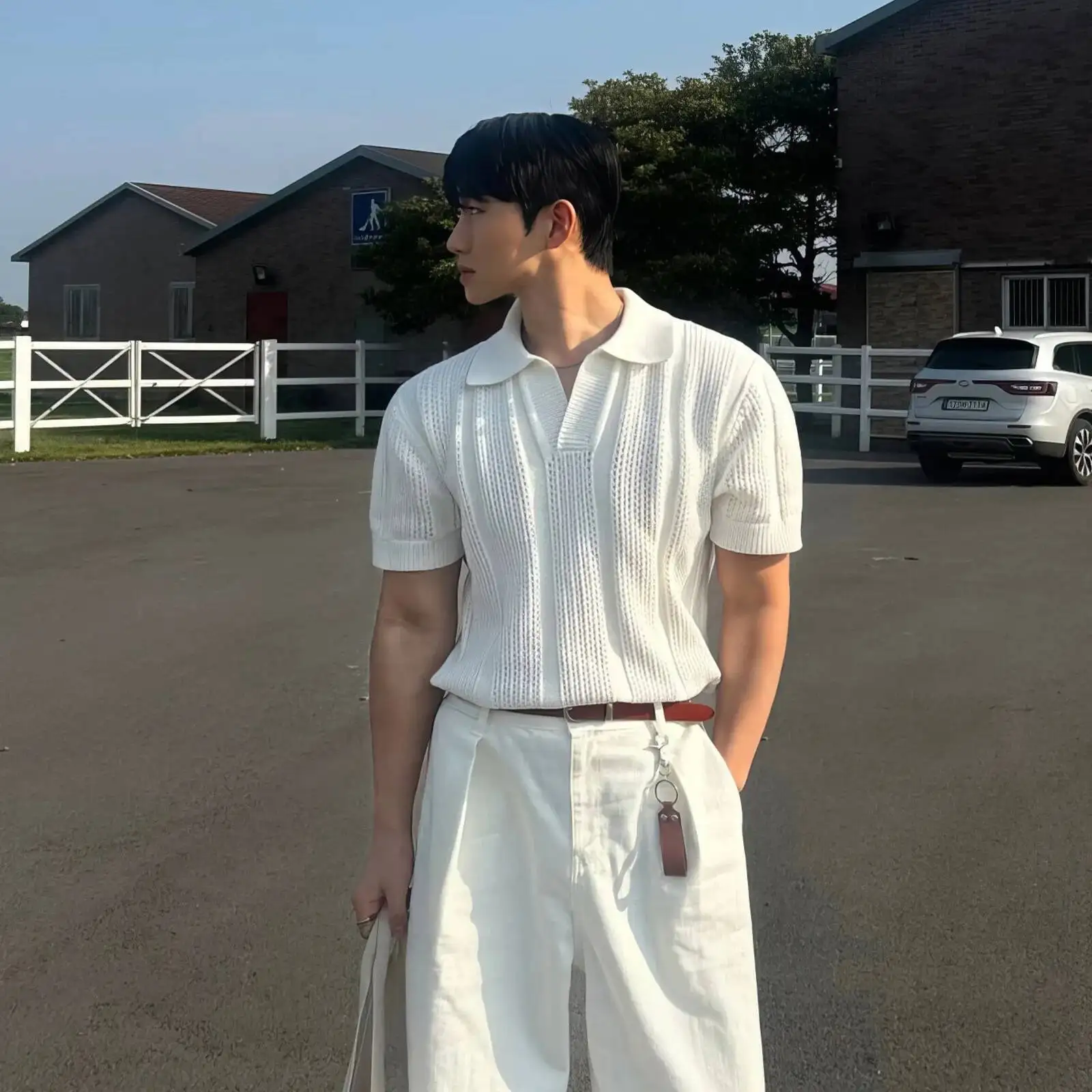 

Men's Short Sleeve T-shirt Causal Shirts Summer Knitted Short Sleeve Shirt Street Trend Lapel Half Sleeve Top Edgy Style