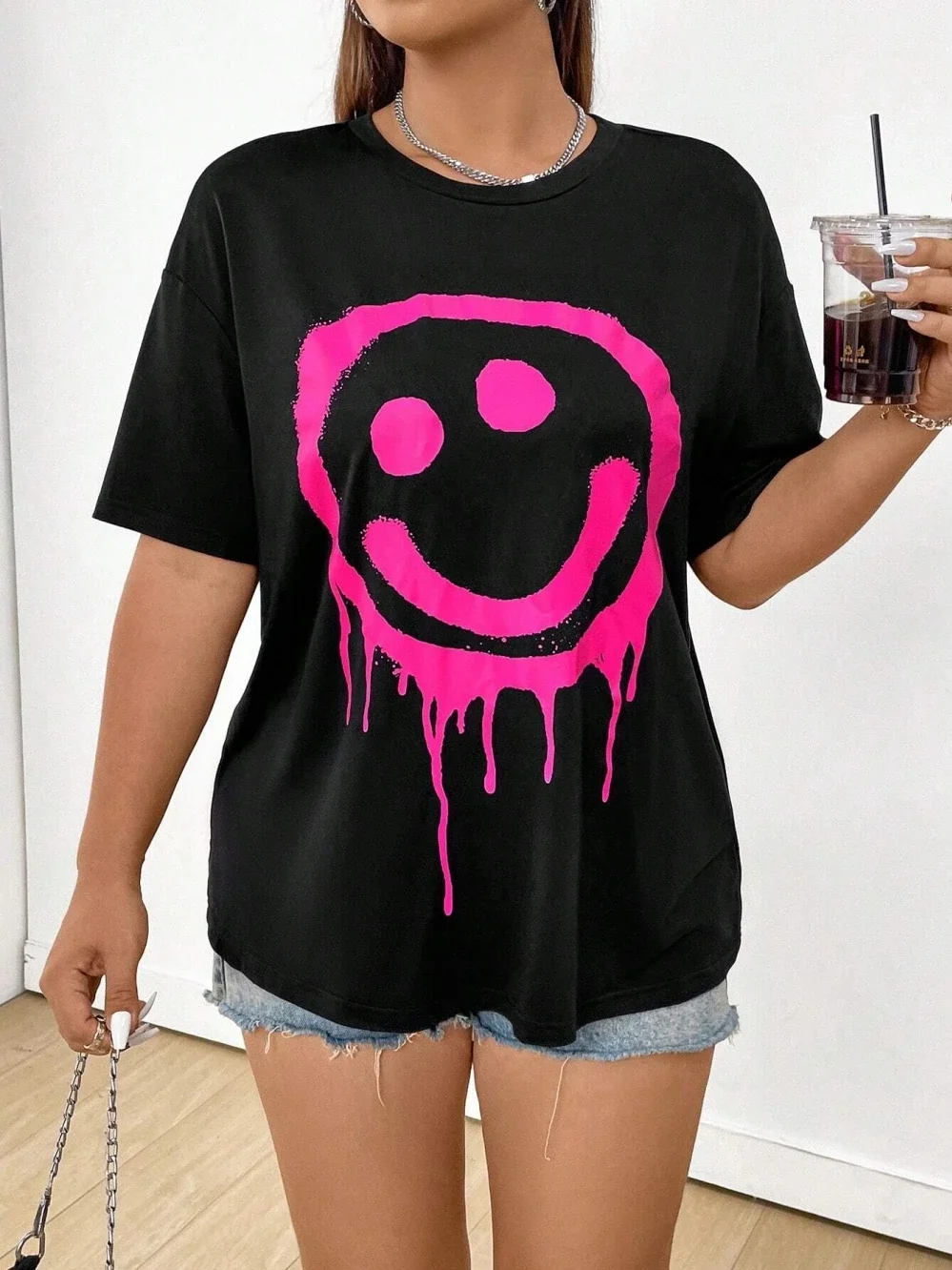 女性用半袖Tシャツ,笑顔,綿,ルーズ,通気性,ストリートウェア,カジュアル,ヒップホップスタイル,精練が含まれています