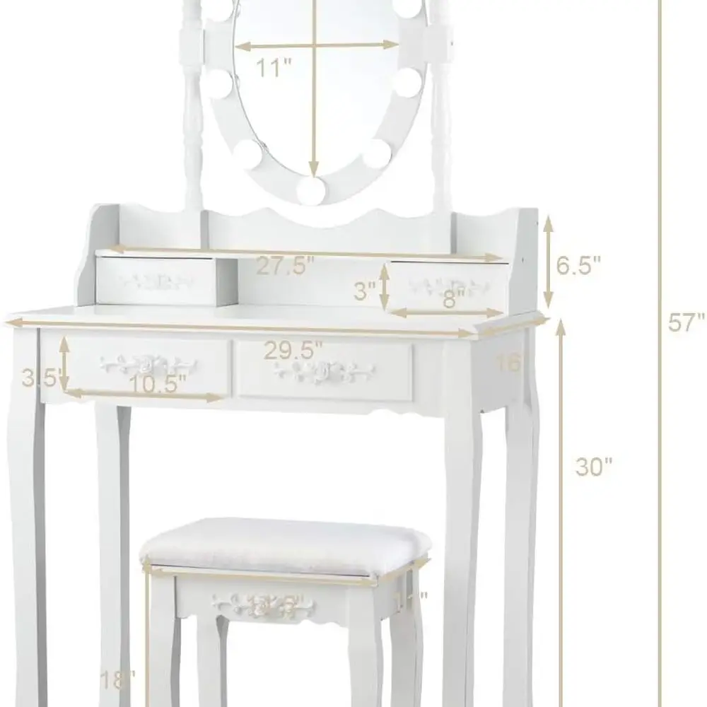 DAFIFY Vanity Table with 10 LED Lights, Adjustable Brightness, 3 Color Modes, 4 Drawers, Rotatable Mirror, Cushioned Stool, Bedr