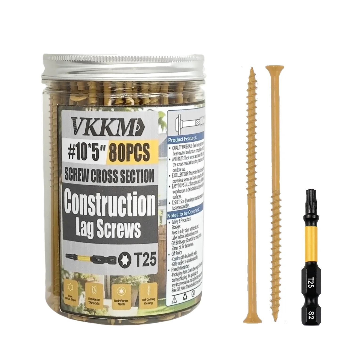 

VKKM 80Pcs #10×5" Yellow Construction Lag Screws – T25 Torx Drive, Rust - Resistant, for Decking & Heavy - Duty Wood Projects