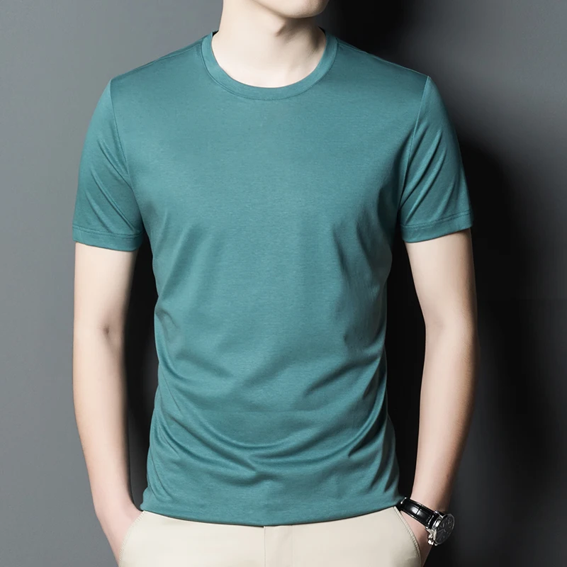 

Men's Natural Mulberry Silk Tees High Grade Summer Lyocell Tops Short Sleeve Male Breathable Silk Cotton Smooth T-shirts