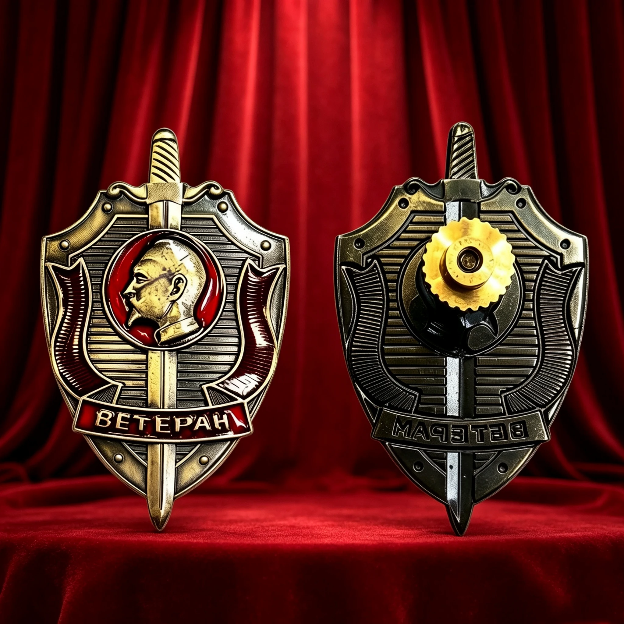 Russian Soviet KGB Veteran Badge Replica Alloy Pin - Enamel Brooch with Lenin Shield And Sword Design
