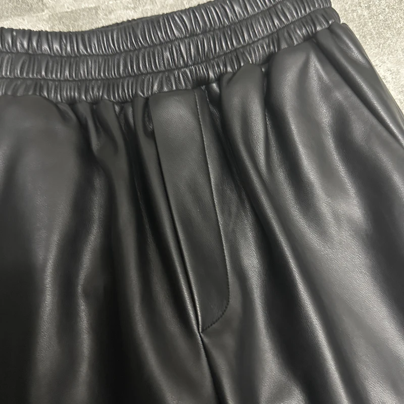 2023 Genuine Leather Wide Leg Casual Pants for Women Fall Winter Fashion Elastic High Waist Ladies Sheepskin Calf-Length Pants