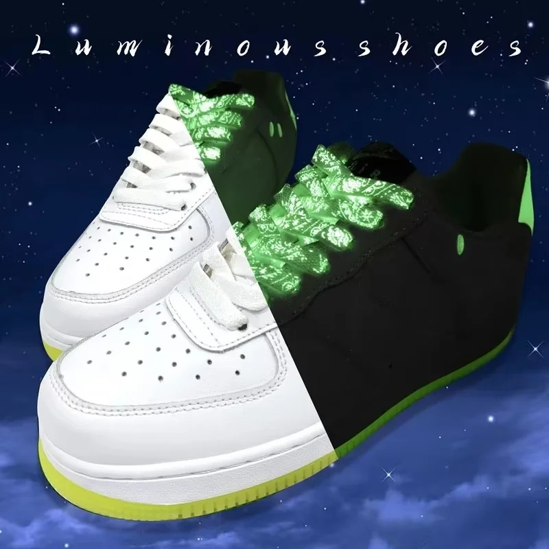 Flat Luminous Shoelaces for Sneakers Fluorescent Glow-in-the-dark Printing Cashew Flower Splash Ink Shoe Laces for Woman Man