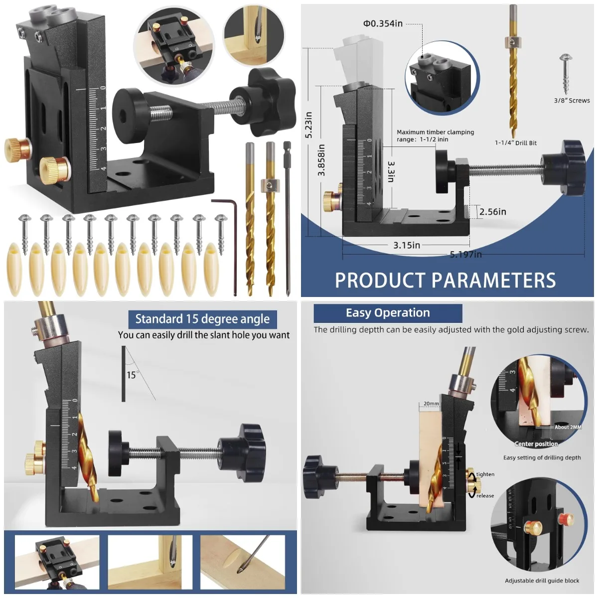 

HFM Pocket Hole Jig Kit, 15° Drill Guide for Woodworking, Portable Screw Clamp System (Black)